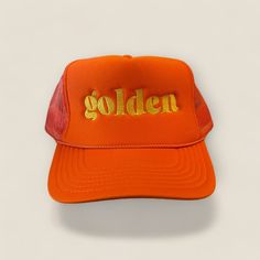 Life is GOLDEN especially when wearing this Golden Trucker Hat! Orange hat with embroidered yellow design. All of our products are handmade to order and ship within 10 business days. Thank you for shopping small! Adjustable Gold Baseball Cap For Summer, Adjustable Gold Snapback Baseball Cap, Gold Adjustable Snapback Baseball Cap, Gold Casual Trucker Hat, One Size Fits Most, Gold Casual Trucker Hat One Size, Casual Gold Trucker Hat One Size, Gold Casual Trucker Hat, Casual Gold Trucker Hat One Size Fits Most, Gold Snapback Hat With Curved Brim