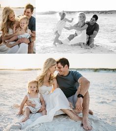 a family sitting on the beach with their two children and one is holding an infant