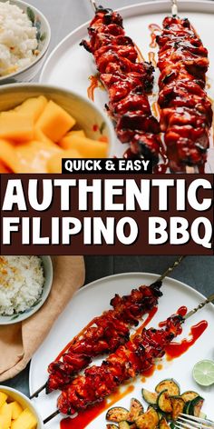 the cover of quick and easy authentic filipino bbq with various foods on it