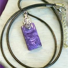 Beautiful Charoite Necklace With 18” Black Leather Cord Charoite Necklace, Long Silver Necklace, Pearl Grey, Lariat Necklace, Gold Pendant Necklace, Link Necklace, Leather Cord, Stone Necklace, Long Necklace