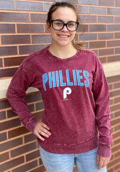 Philadelphia Phillies Womens Maroon Cooperstown Mineral Wash Pullover Crew Sweatshirt - 88884193 Historic Philadelphia, Sweatshirt Ideas, Philadelphia Sports, Philadelphia Phillies, Crew Sweatshirts, Team Spirit, Long Sleeve Sweatshirts, Eagles, Stay Warm