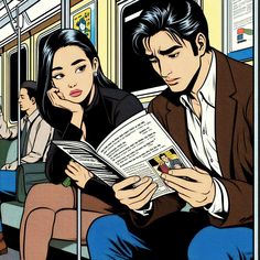 a man and woman sitting on a train reading a book while looking at each other