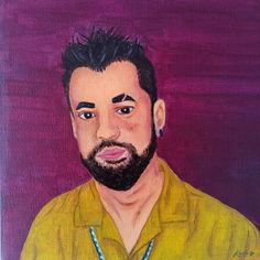 a painting of a man with black hair and beard wearing a yellow shirt, looking at the camera