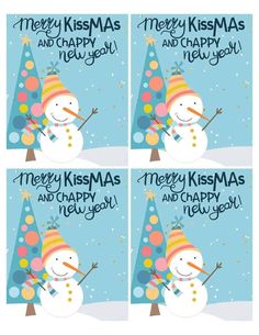 four christmas cards with a snowman in the middle and merry kissmas on top