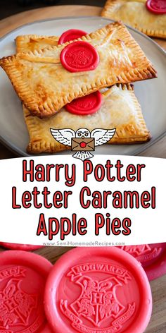 harry potter letter caramel apple pie on a plate with the words harry potter written in red