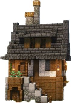 a house made out of blocks and bricks with a small porch on the top floor