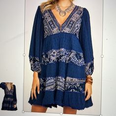 Beautiful Mini Dress Featuring Alternating Tears Of Dot Jacquard Cotton And Floral Printed Fabric With Dramatic Sleeves And Gorgeous Trim Detail In A Shapeless Silhouette. Casual Blue Dress With Tassels, Blue V-neck Dress With Tassels, Blue Boho Print Long Sleeve Dress, Blue Long Sleeve Boho Print Dress, Bohemian Blue 3/4 Sleeve Dress, Beautiful Mini Dresses, Embroidered Dress Boho, Embroidered Tunic Dress, Free People Mini Dress