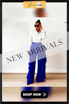 Chic Vintage Ruffles High Waist Wide Leg Pants Blue Ruffled Bottoms For Fall, Chic Spring Wide Leg Pants With Ruffles, Chic Wide Leg Pants With Ruffles For Spring, Elegant Ruffled Blue Bottoms, Elegant Blue Ruffled Bottoms, Fitted Ruffled Workwear Pants, Fitted Ruffled Pants For Workwear, Chic Wide Leg Pants With Ruffles, Chic Summer Wide Leg Pants With Ruffles