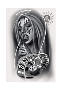 a black and white drawing of a woman holding a casino wheel