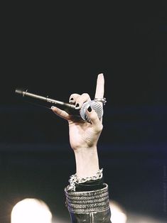 a person holding a microphone up in the air with their hand on top of it