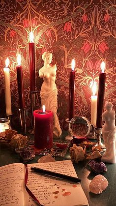 a table topped with lots of candles and writing