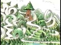 an artistic drawing with trees and bushes in the background