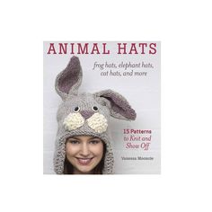 a woman wearing a knitted bunny hat on top of her head with the title animal hats