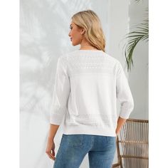 Introducing our Women's 3/4 Sleeve Sweater Shrugs, a stylish and versatile addition to your wardrobe! This cropped sweater cardigan features a charming crochet design, complete with button-down details and ribbed cuffs for a refined touch. Crafted from a high-quality blend of 80% viscose and 20% nylon, it offers a lightweight feel that allows for comfortable wear throughout the seasons. The unique birdeye knit detail adds a sophisticated texture, making it perfect for layering over your favorite White Pointelle Knit Cardigan For Daywear, White 3/4 Sleeve Winter Sweater, White Textured Knit Cardigan With Relaxed Fit, White 3/4 Sleeve Fall Cardigan, Casual Cotton Cardigan With 3/4 Sleeves, White 3/4 Sleeve Cardigan For Fall, White Relaxed Fit Textured Knit Cardigan, Casual White Cardigan With 3/4 Sleeve, Casual White 3/4 Sleeve Cardigan