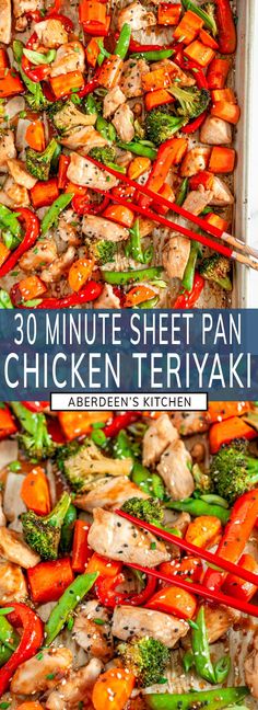 chicken, broccoli and carrots in a sheet pan with chopsticks