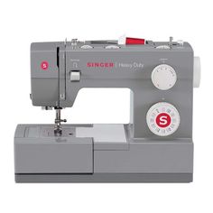 the singer heavy duty sewing machine is grey with red and white buttons on it's side