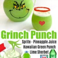 an advertisement for grinch punch featuring green juice and lime sherbet, with the caption'sprite - pineapple juice hawaiian green punch