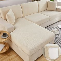 a living room with a sectional couch and coffee table