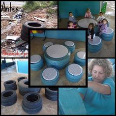 there are many pictures of children playing in an outdoor play area with tires and other things