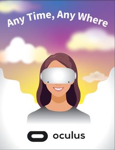 a woman wearing a blindfold with the words oculus over her face and clouds behind her