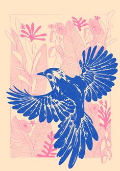 a drawing of a blue bird with wings spread in front of pink and green leaves