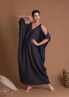 "Lightweight linen caftan dress MAON with open back and sleeves. This loose-fit dress is light, airy, and breathable, the perfect dress for the hot summer. The fabric is thin but strong and can be a little bit see-through in light colors. 🌿 DETAILS: - Straight cut - Deep-V neckline in front and back - Half sleeves - Thin ties to adjust - Without pockets - 100% Natural lightweight linen (125gr/m2) - Wide color palette, color shown is CHARCOAL GRAY - The length of the dress is 145cm (57\"), pleas Linen Caftan, Linen Dress Summer, Summer Linen Dresses, Palette Color, Loose Fitting Dresses, Caftan Dress, Fit Dress, Kaftan Dress, Linen Dresses