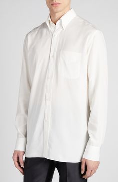 A silk-softened blend lends elevated ease to this polished shirt designed with luminous mother-of-pearl buttons in a fluid fit. Front button closure Button-down collar Long sleeves with two-button cuffs Chest patch pocket 74% lyocell, 26% silk Dry clean Made in Italy Designer Clothing Classic White Silk Shirt, White Silk Button-up Shirt, Classic Silk Shirt With Fold Down Collar, Luxury Button-up Shirt With Hidden Buttons, Luxury Button-up Shirt With Hidden Button Closure, Luxury Button-up Shirt With Concealed Placket, Luxury Button-up Shirt With Hidden Closure, Classic Silk Shirt With Concealed Placket, Luxury Shirt With Hidden Button Closure