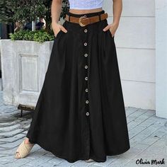 Olivia Mark - Womens Buttoned High-waisted Midi Skirt with Pockets in Solid Color Skirtall Outfit, Streetwear Skirt, Casual Chique Stijl, Outfits Skirt, Womens Long Skirt, Long Skirt Casual, Spring Skirt, Skirt Styles, Dress Skirts