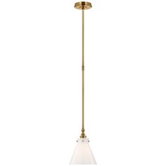 an antique brass finish pendant light with white glass shades on the bottom and gold trim