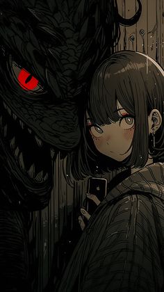 an anime character with red eyes standing in front of a demonic creature holding a cell phone