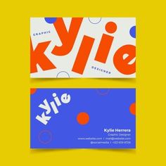 two business cards with the words kliee on them, one is blue and orange