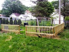 a fenced in yard with green grass and trees