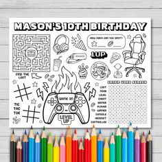 a coloring page with the words mason's 10th birthday next to colored pencils