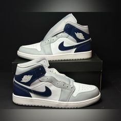 No Box Lid! Men’s Size 13 - Air Jordan 1 Mid ‘Wolf Grey Midnight Navy’ Dq8426-104 Jordan 1 Mid Wolf Grey, Air Jordan 1 Blue, Nike Shoes Men, Jordan 1 Blue, Mens Nike Shoes, Air Jordan 1 Mid, Midnight Navy, Jordan 1 Mid, Air Jordan 1