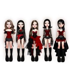 five dolls are dressed in red and black