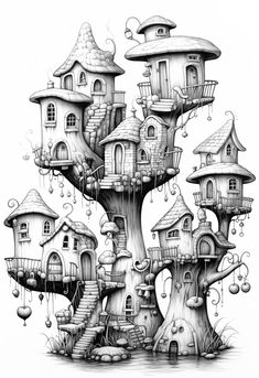 a drawing of a tree house with lots of windows and trees growing out of it