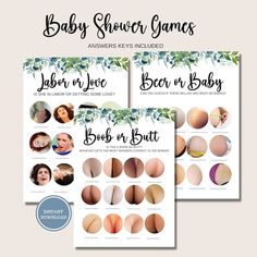 the baby shower games are available in three different colors