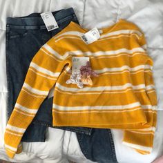 All In Brand New Condition. Cropped Sweater, Jeggings And Hair Ties. Cute Tops For School In Fall, Cute Fall School Tops, Playful School Top For Fall, Cute H&m Crew Neck Top, Cute Striped Tops For Fall, Cute Striped Fall Tops, Cute Fall Tops For School, Trendy Tops For School In Fall, Playful Yellow Sweater For Spring