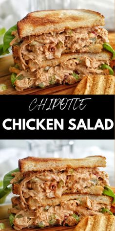 chicken salad sandwich cut in half and stacked on top of each other with text overlay