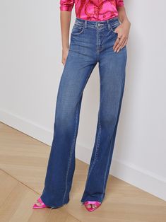 A beautifully balanced wide-leg jean in a dark-blue vintage-wash premium stretch denim. Flattering high-rise style hugs from contoured waistband to hip before draping to a wide leg to hem. 32" inseam perfect for wearing a sneaker or ideal length for average height fit. Classic five-pocket styling and zip fly closure. | L'AGENCE Scottie Wide-Leg Jean In Hasting Denim Sweater Jacket, Average Height, Perfect Sneakers, High Rise Style, Cami Nyc, Denim Sweater, Stylish Clothes For Women, Blue Vintage, Denim Pant