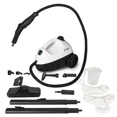 a white and black vacuum is shown with accessories