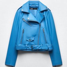 Nwot, Runs Large Zara Leather Jacket For Spring, Chic Blue Zara Outerwear, Casual Blue Leather Jacket With Zipper Closure, Zara Blue Winter Outerwear, Trendy Blue Leather Jacket With Zipper, Blue Trendy Leather Jacket For Spring, Blue Leather Outerwear For Fall, Trendy Blue Leather Jacket With Zipper Closure, Trendy Zara Biker Jacket For Spring