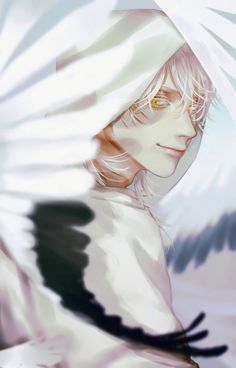 an anime character with white hair and wings on his head is staring at the camera