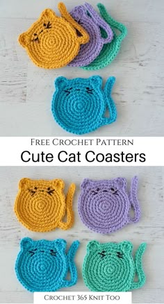 crocheted cat coasters with the words free crochet pattern on them