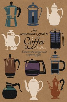 an assortment of coffee pots and kettles on a brown paper with blue stripeing