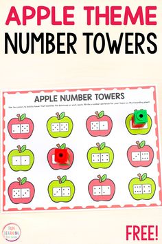 an apple themed number towers game with the words, apples theme and numbers on it