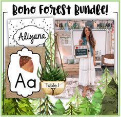 a woman standing in front of a tree with the words boho forest bundle