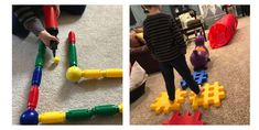 two pictures of children playing with toys in the living room and on the floor, there is a young boy standing next to them