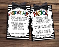 two pastor's note cards with black and white stripes on them, one has a bow