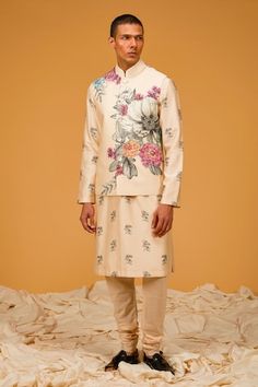 Ivory bundi with florette print all over. Paired with printed kurta and churidar. - Aza Fashions Traditional Wedding Nehru Jacket With Floral Print, Festive Traditional Nehru Jacket With Floral Print, Festive Floral Nehru Jacket, Festive White Nehru Jacket With Floral Print, Luxury Floral Print Nehru Jacket For Men, Jayanti Reddy, Anushree Reddy, Kurta Patterns, Rohit Bal